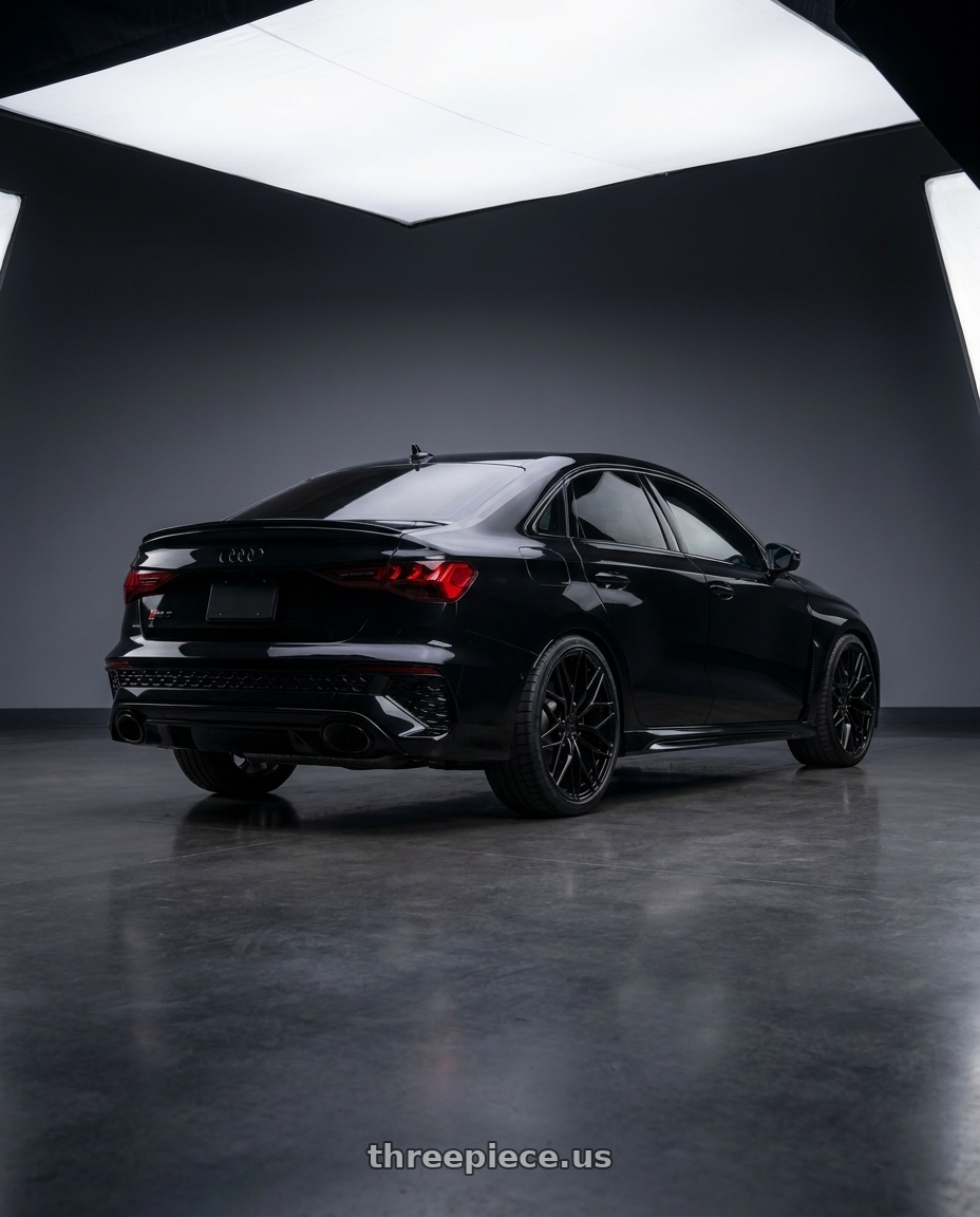 2022 Audi RS3 8Y with Avant Garde Wheels M520R 5X112 19x8.5 +35 Gloss Black wheels rear three quarter view square tires