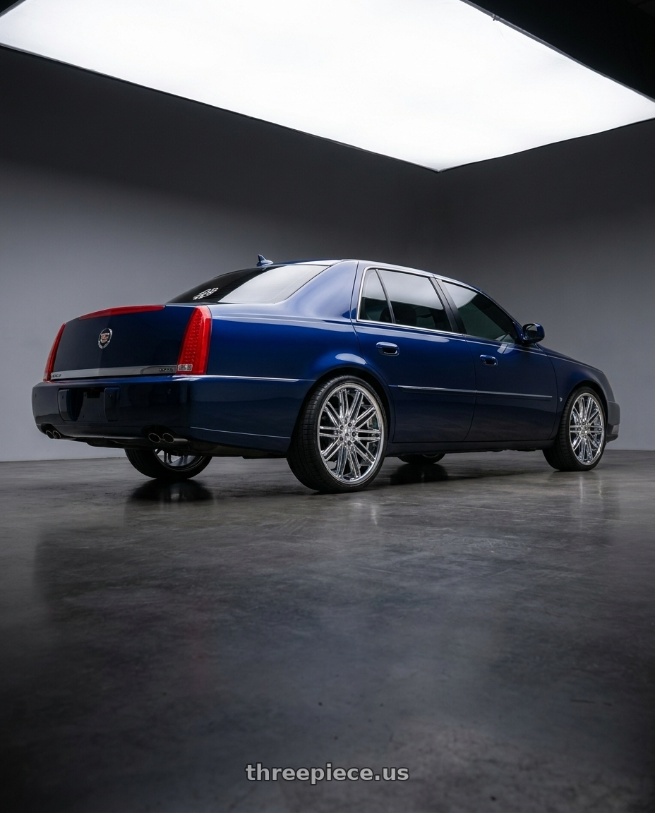 2009 Cadillac DTS with Asanti Black ABL-10 POLLUX 5X114.3 22X9 +35 CHROME wheels rear three quarter view square tires