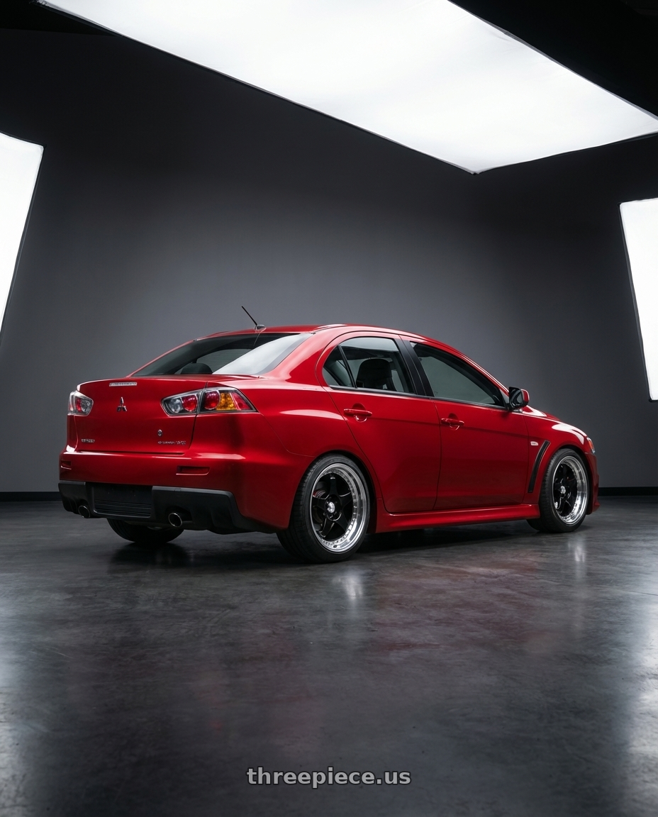 2012 Mitsubishi Lancer Evo X with Konig SSM 5x114.3 18x9+50 Gloss Black w/ Machined Lip wheels rear three quarter view square tires