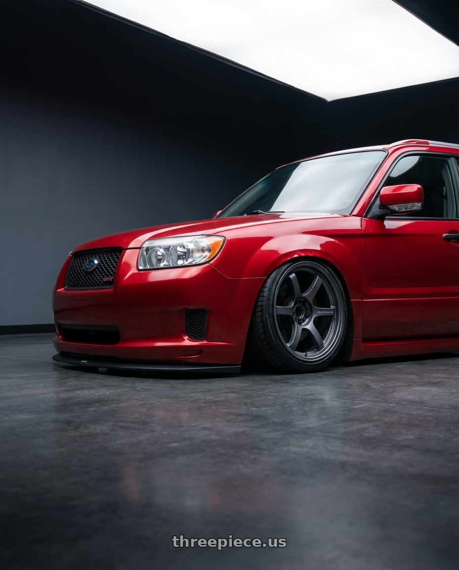 2004 Subaru Forester  with Gram Lights 57DR 5x100 19x8.5+45 Gunblue II wheels front three quarter view stanced stance