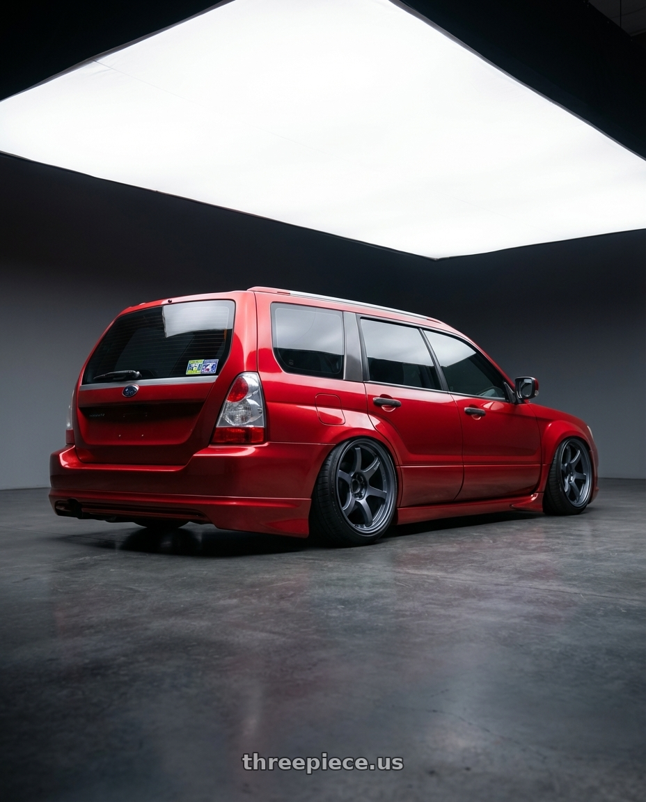 2004 Subaru Forester  with Gram Lights 57DR 5x100 19x8.5+45 Gunblue II wheels rear three quarter view slight stretch tires