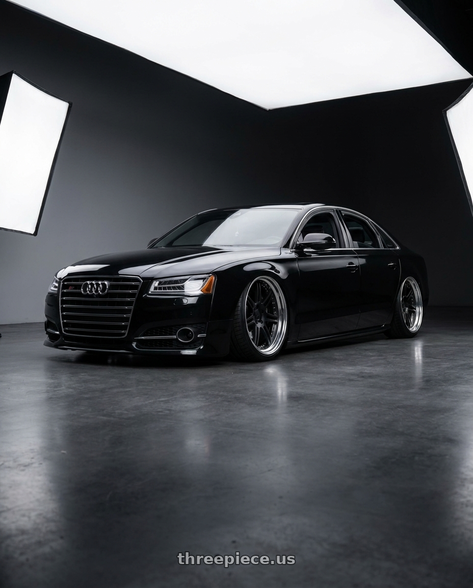 2016 Audi S8 with Work Gnosis Cvx 5x112 22x12+22 A Disk Matte Black wheels front three quarter view slammed stance