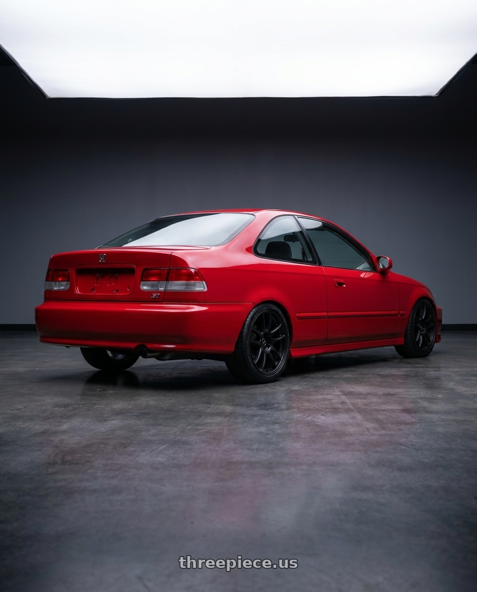 2000 Honda Civic Si Milano with Work Emotion Cr Kiwami 4x100 17x7 +38 Matte Black wheels rear three quarter view square tires