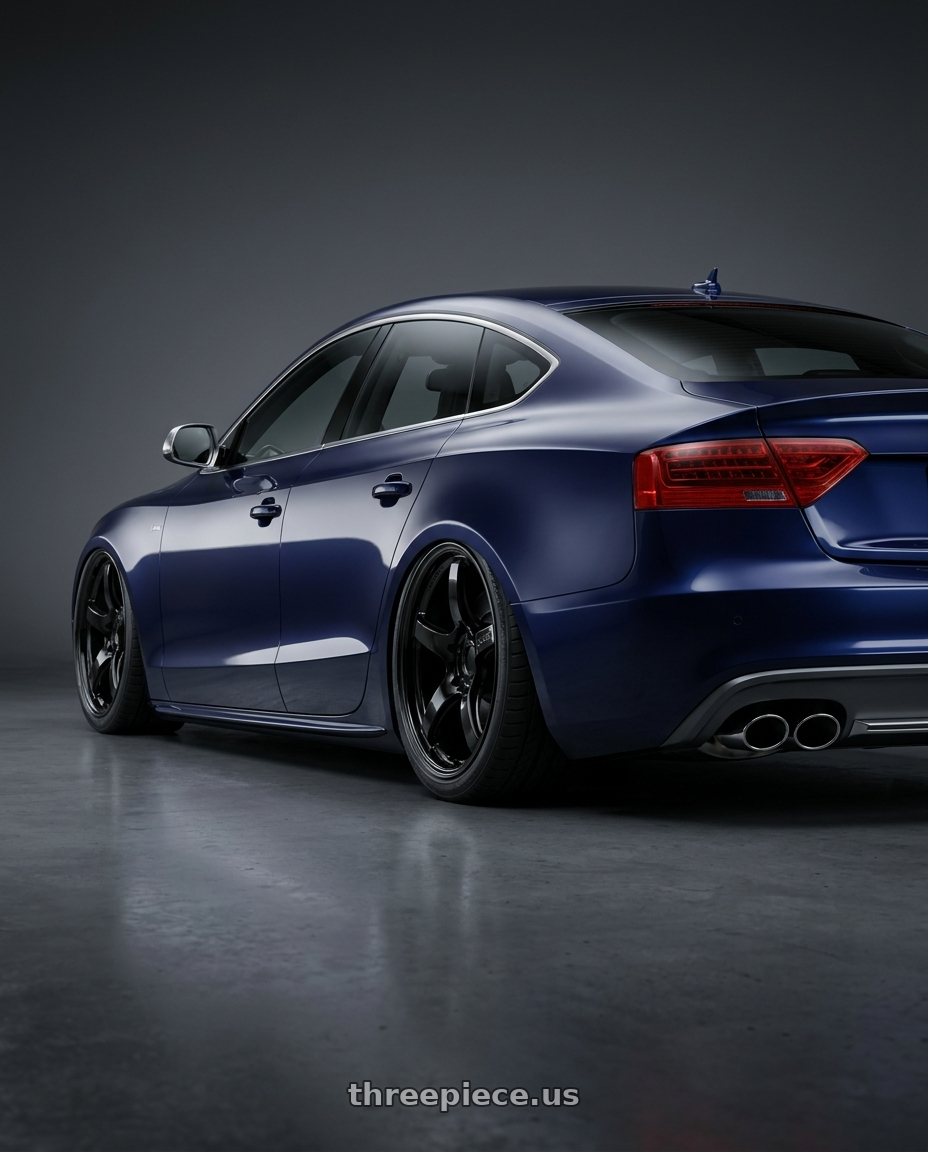 2014 Audi S5 B8 with Gram Lights 57CR 5x112 19x9.5+25 Glossy Black wheels rear three quarter view slight stretch tires