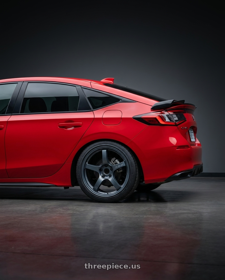 2024 Honda Civiv with Gram Lights 57CR 5x114.3 18x8.5+37 Gunblue II wheels rear three quarter view square tires