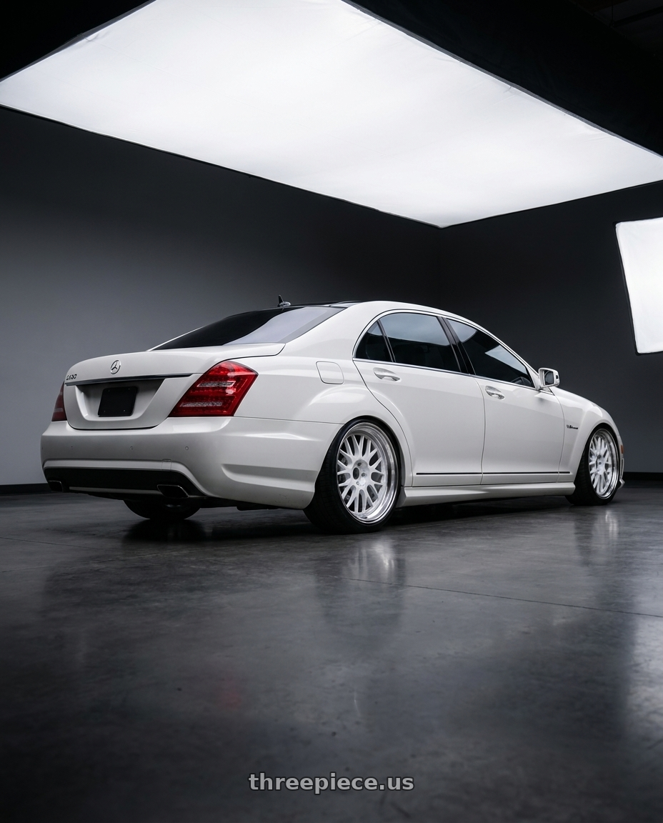 2012 Mercedes S600 with Volk Racing 21A 5x112 18x10.5 +30 DASH WHITE/ DC wheels rear three quarter view slight stretch tires