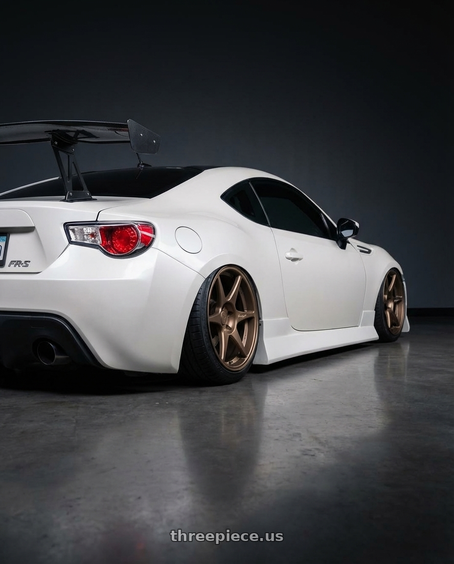 2013 scion frs with Stage Wheels Knight 5x114.3 17x8 +10 Matte Bronze wheels rear three quarter view slight stretch tires