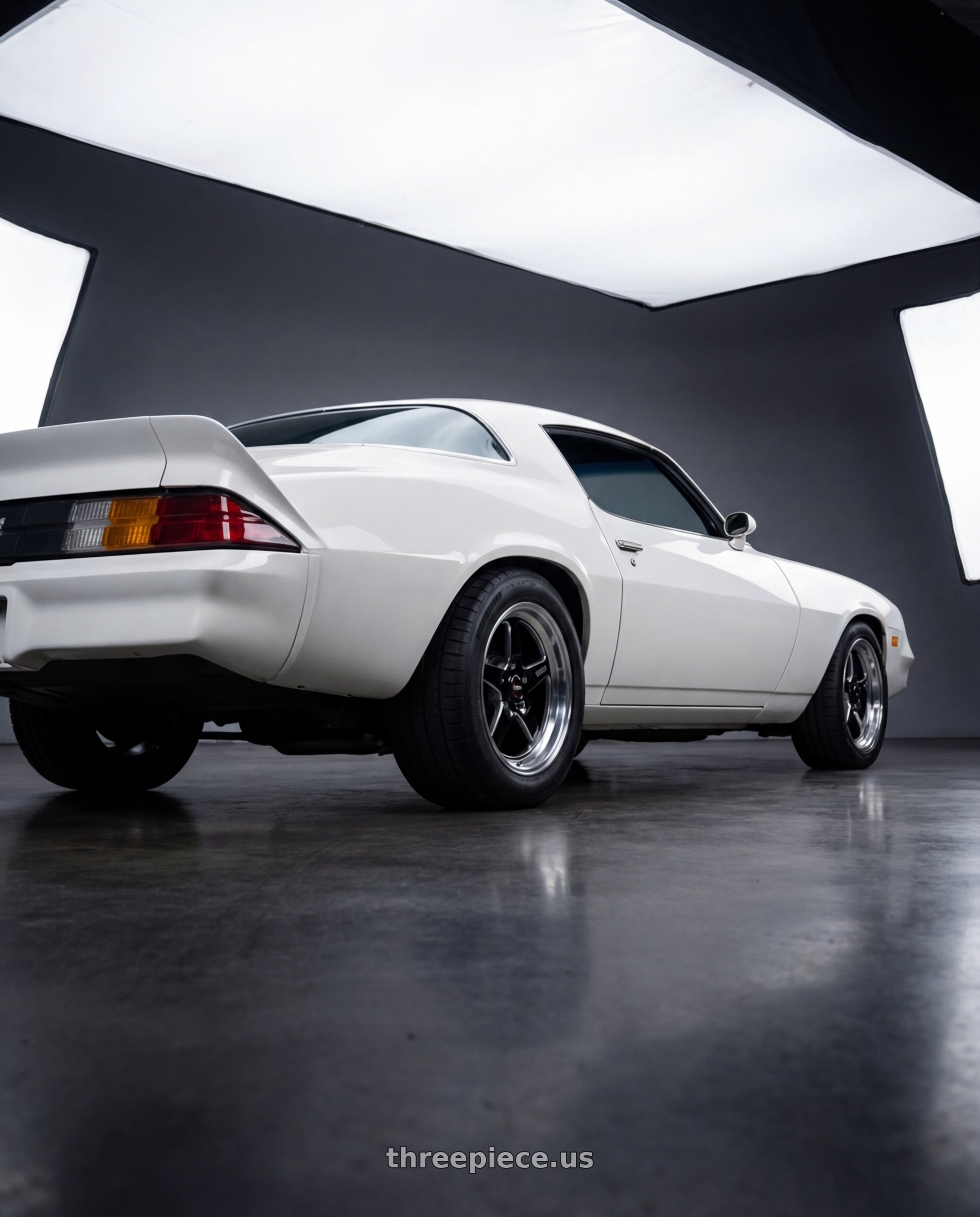 1979 Chevrolet Camaro, Base, white with WELD Street Performance Ventura Drag 5x120 17x10 +42 Gloss Black/Milled Diamond Cut Lip wheels rear three quarter view square tires