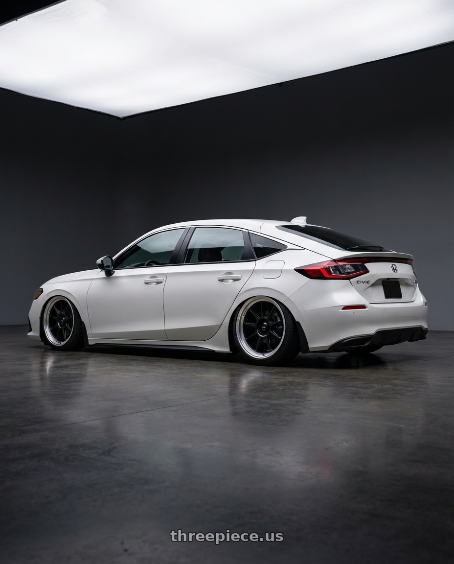 2024 Honda Civic with Konig Countergram 5x114.3 19x11+18 Matte Black / Matte Machined Lip wheels rear three quarter view slight stretch tires