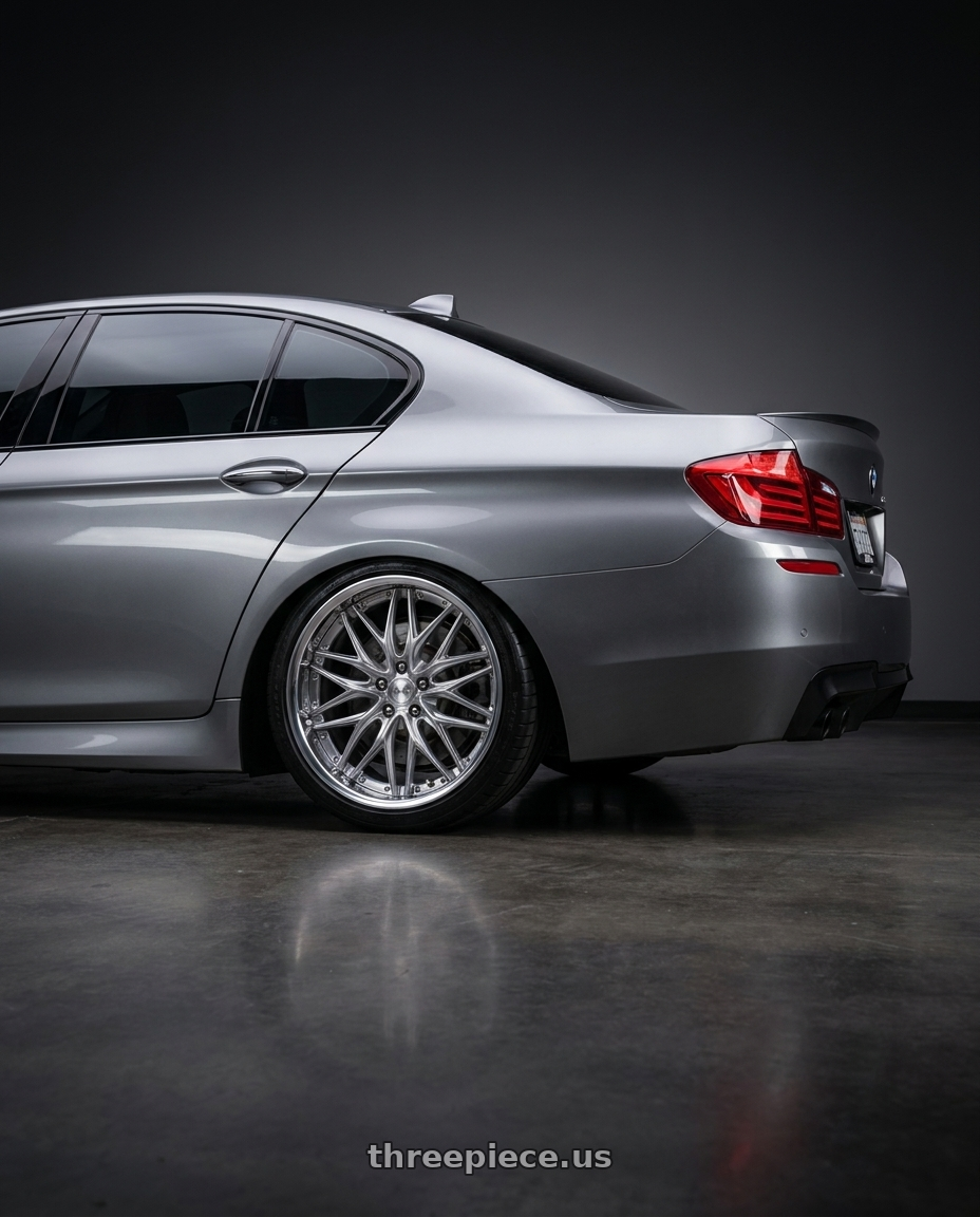2013 BMW 535i with Work Schwert Quell 5x120 19x10.5+30 O Disk Silky Rich Silver wheels rear three quarter view slight stretch tires