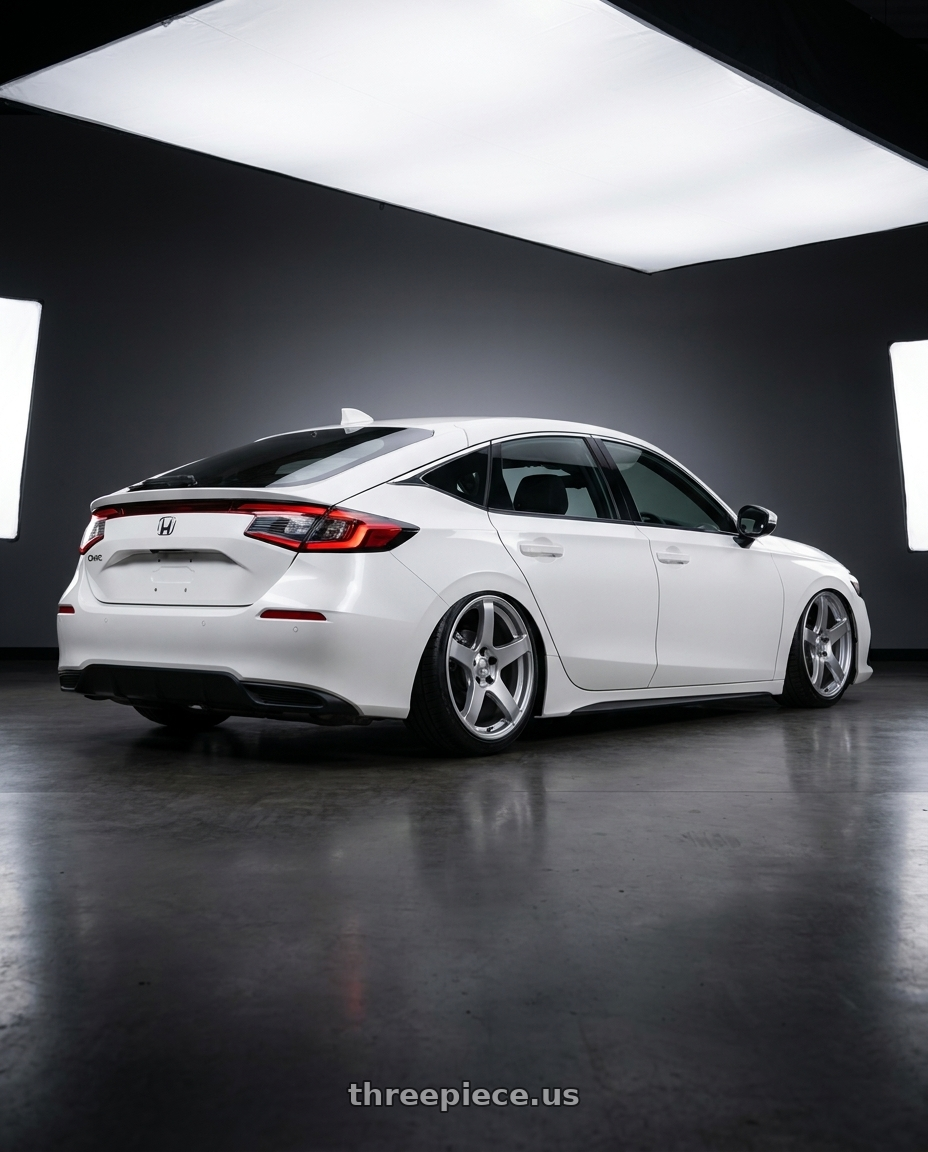 2024 Honda Civic with Ssr Gtv01 5x114.3 18x8+35  GLARE SILVER wheels rear three quarter view slight stretch tires