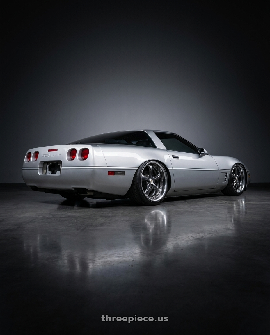 1996 Chevrolet corvette with Work Wheels VS-KF 5x120.65 18x10.5-41 Brilliant Silver Black L Disk FULL REVERSE wheels rear three quarter view slight stretch tires