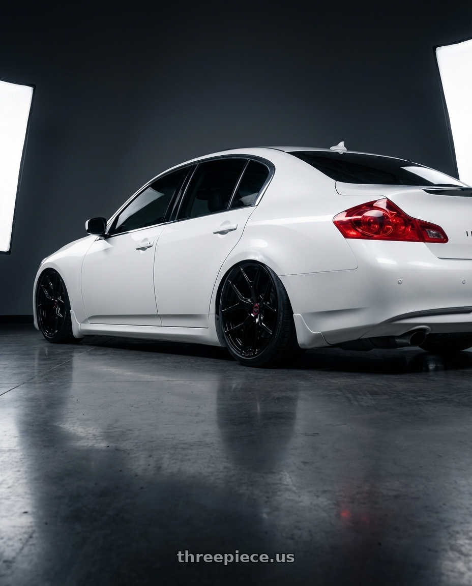 2012 Infiniti G37 with Vossen HF-5 19x8.5 / 5x114.3 / ET32 / Flat Face / 73.1 - Gloss Black Wheel - HF5-9N60 wheels rear three quarter view slight stretch tires