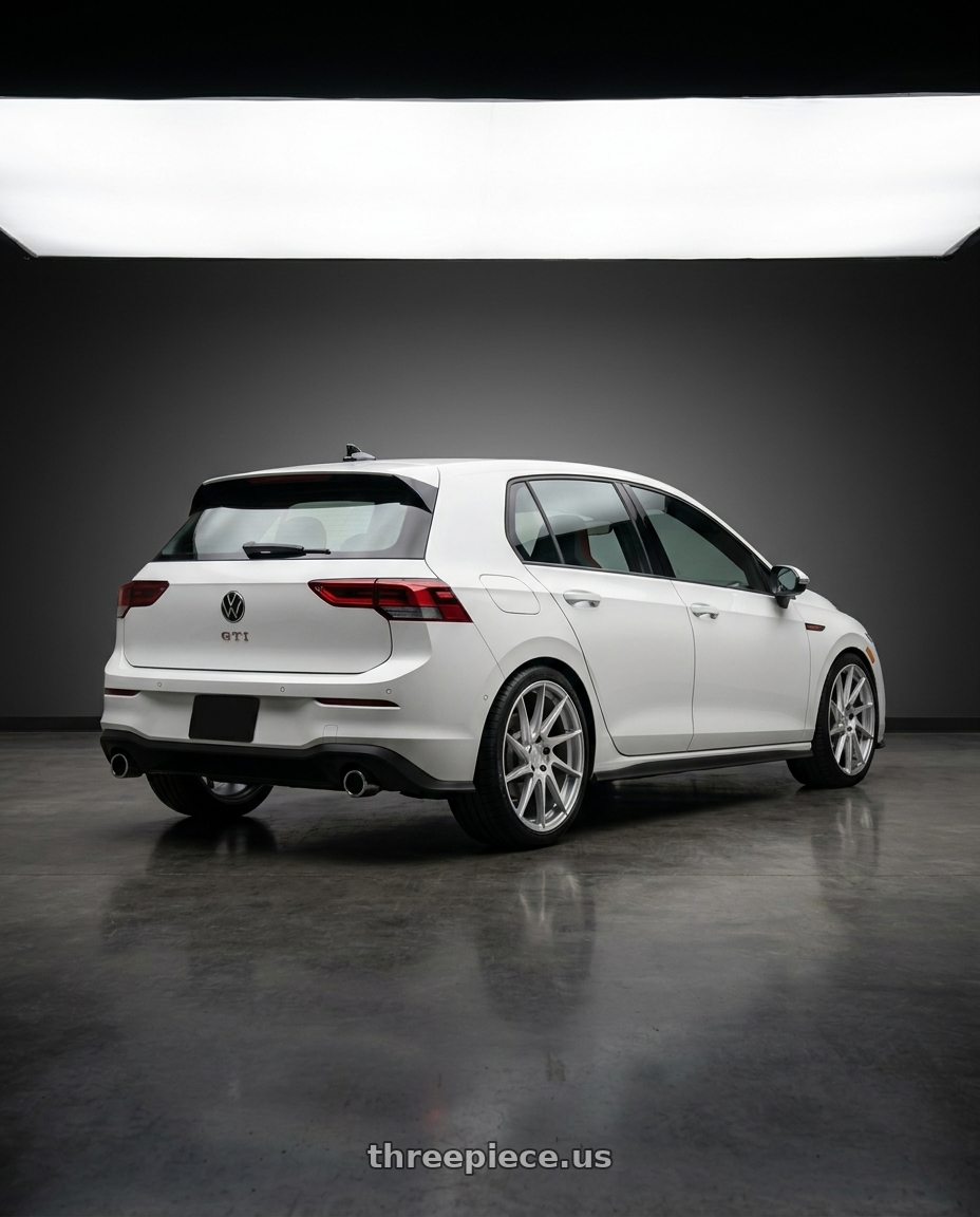 2023 Golf Gti with Aodhan AH09 5x112 18x8.5 +35 Gloss Silver Machined Face wheels rear three quarter view square tires