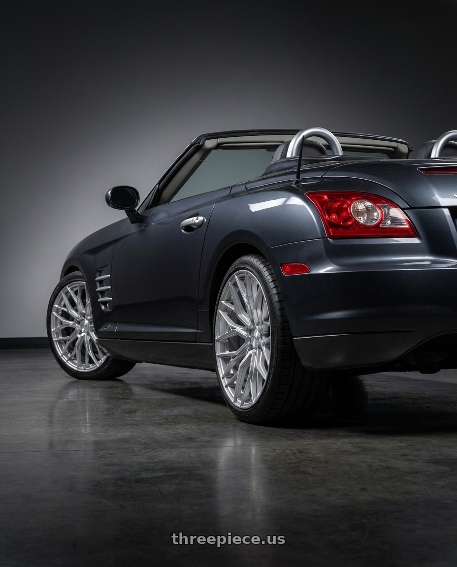 2007 chrysler crossfire with F1R FS3 5x112 19x8.5 +35 Machine Silver wheels rear three quarter view square tires