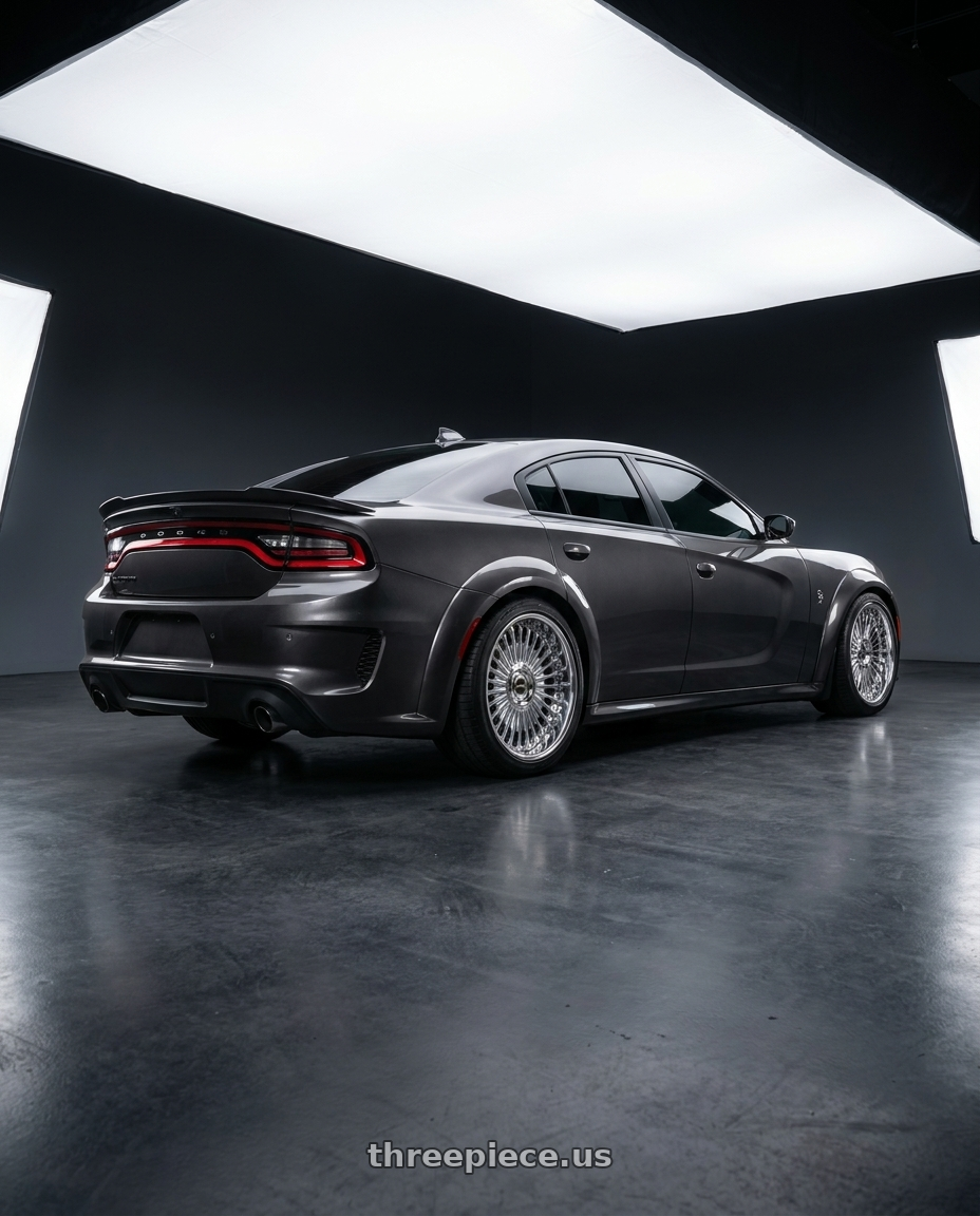 2023 dodge charger wb with Work Emitz 5x115 Chrome 20x11.5 +45 wheels rear three quarter view square tires