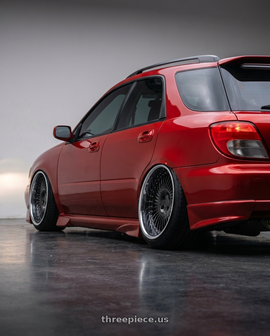 2002 subaru wrx wagon sedona with Heritage Wheel SENDAI-DIR wheels rear three quarter view extreme stretch tires