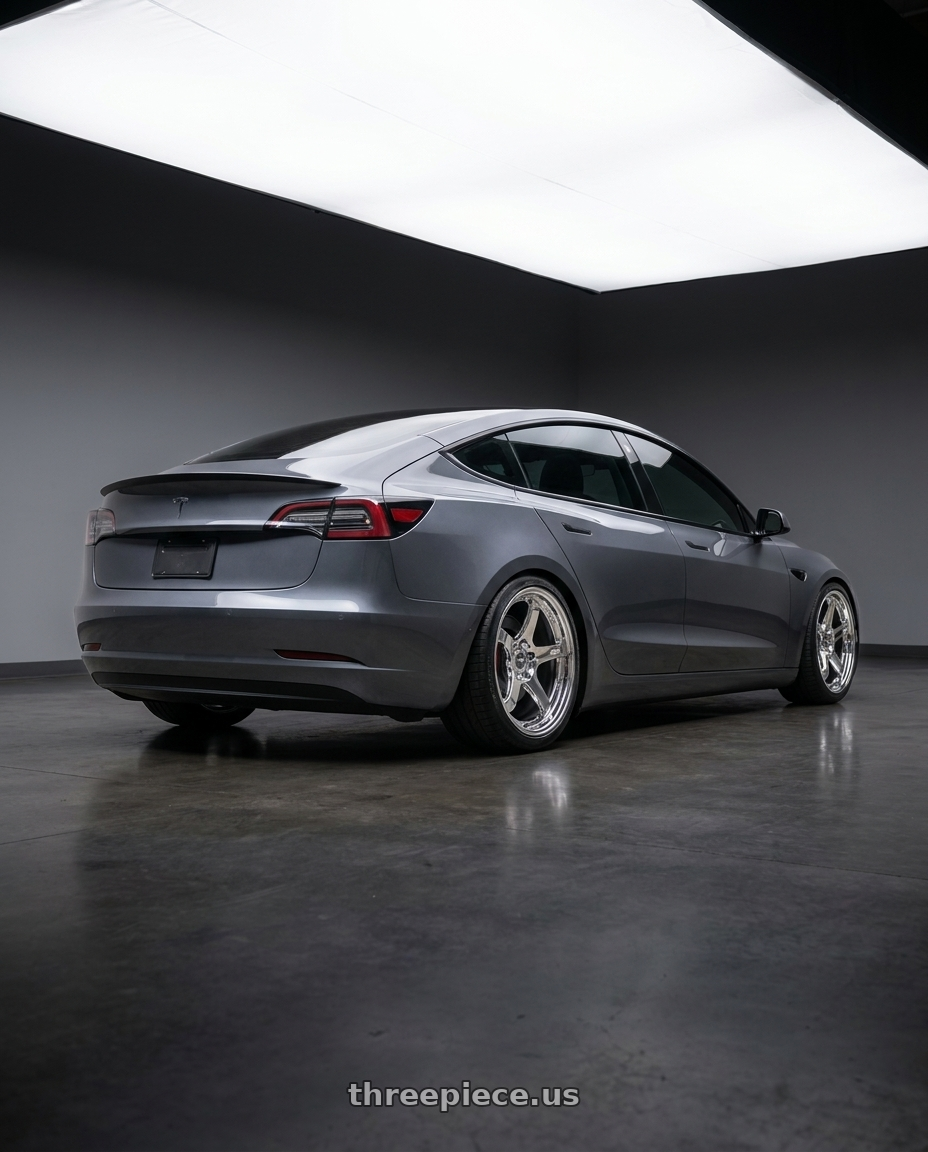 2023 Tesla Model 3 Performance with ESR Wheels APX6 5x114.3 19x9.5 +22 Vacuum Chrome wheels rear three quarter view slight stretch tires