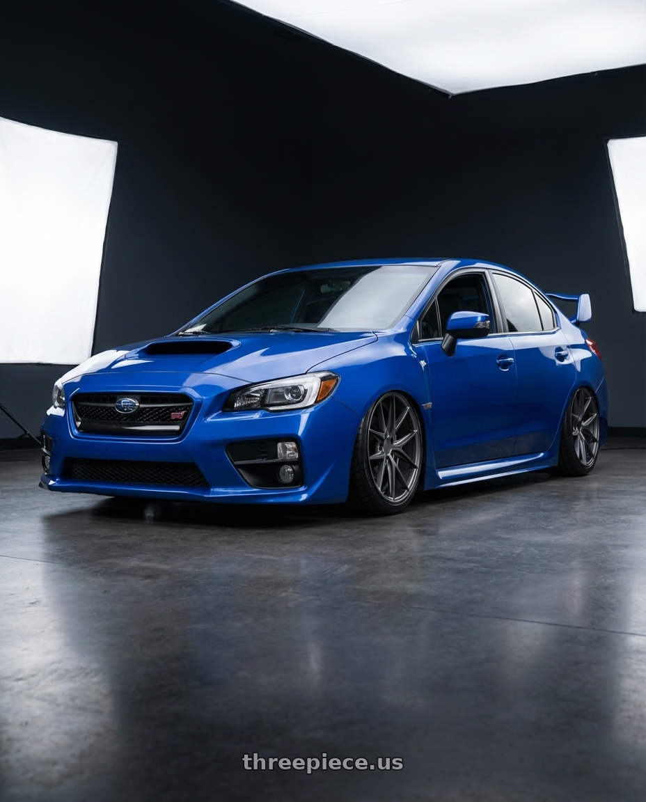 2018 Subaru WRX STI with Niche 1PC M116 MISANO 5X114.3 18X9.5 +40 MATTE GUN METAL wheels front three quarter view stanced stance