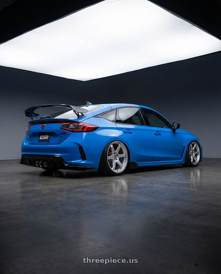 2024 Honda Civic Type R with ESR Wheels APEX SERIES AP6 5x120 19x9.5 +22 Hyper Silver wheels rear three quarter view slight stretch tires