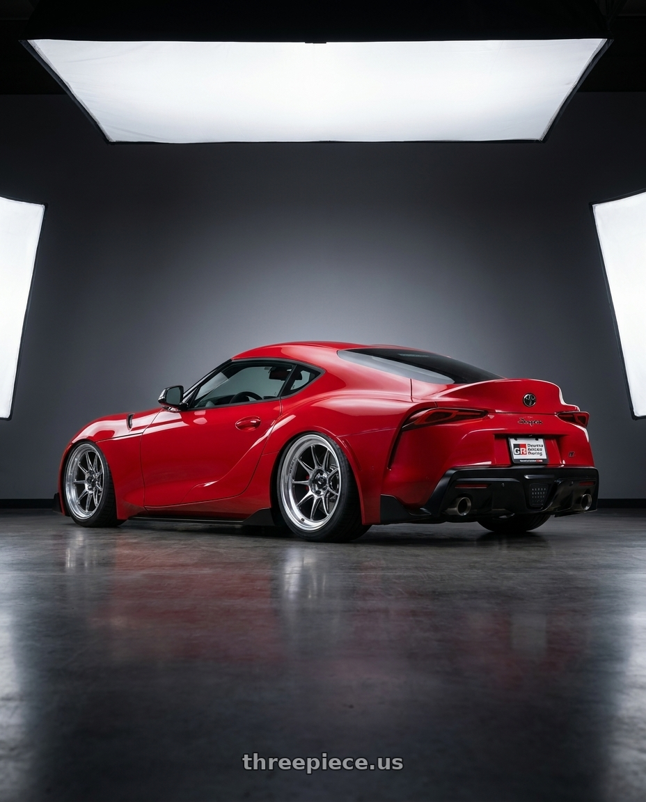 2023 Toyota GR Supra with Konig Countergram 5x112 19x8.5+43 Hyper Chrome / Machined Lip wheels rear three quarter view slight stretch tires