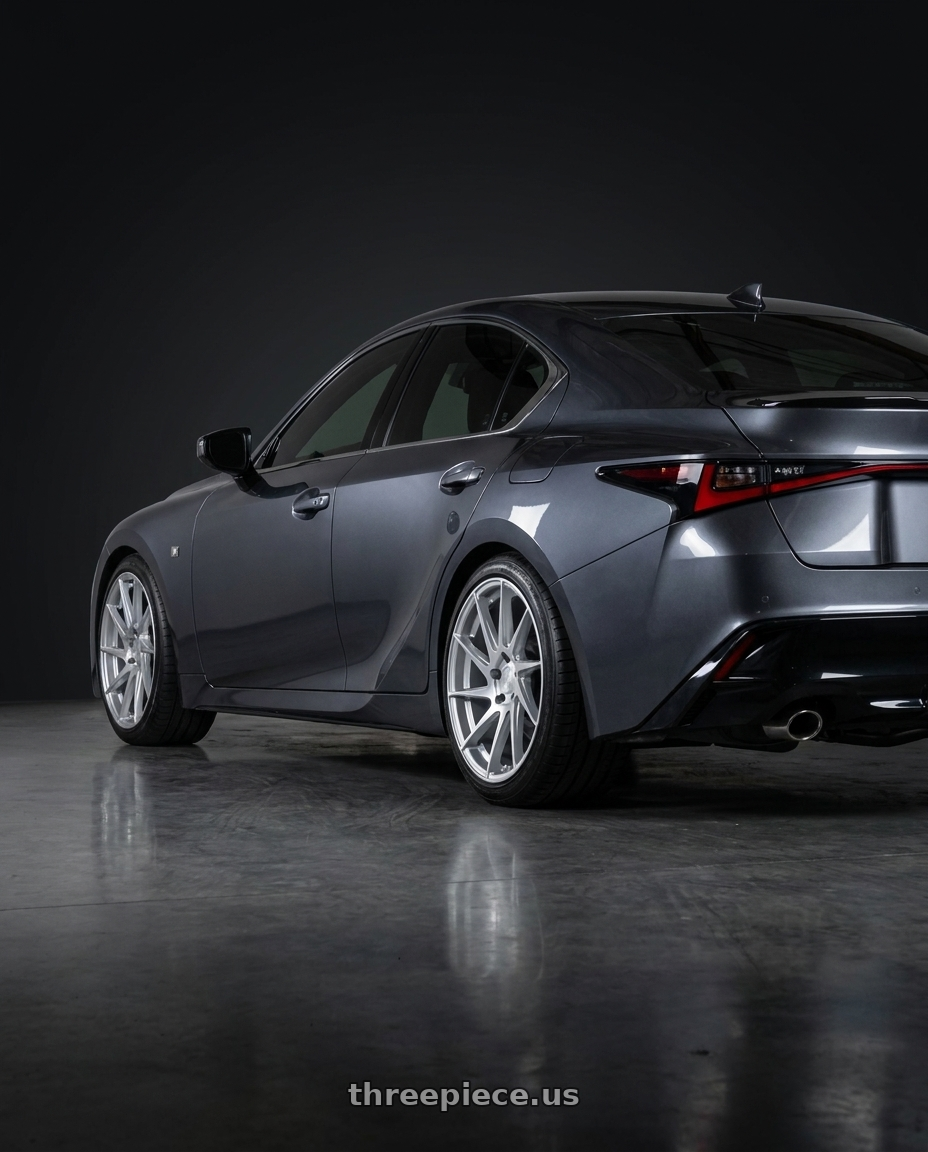2026 Lexus IS350 with Aodhan AH09 5x100 18x9.5 +35 Gloss Silver Machined Face wheels rear three quarter view square tires