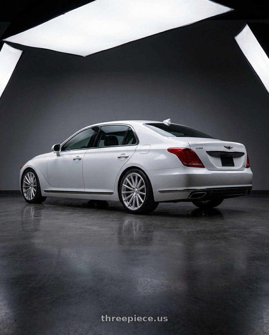 2018 genesis g90 with XO LONDON 5X114.3 20X10.5 +45 SILVER W/ BRUSHED FACE wheels rear three quarter view square tires