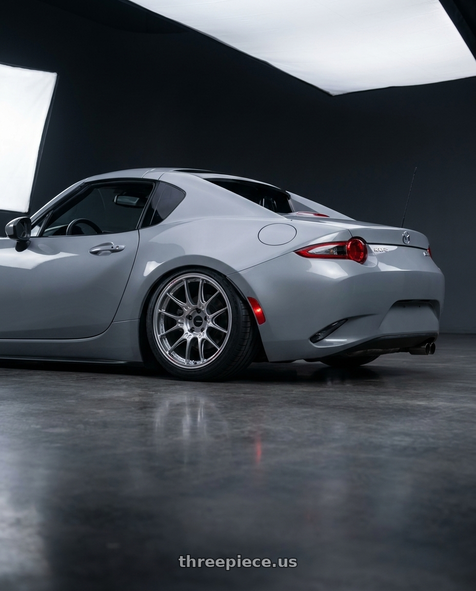 2025 mazda mx5 rf nd3 with Enkei GTC02 5x114.3 18x8+35 Hyper Silver wheels rear three quarter view square tires