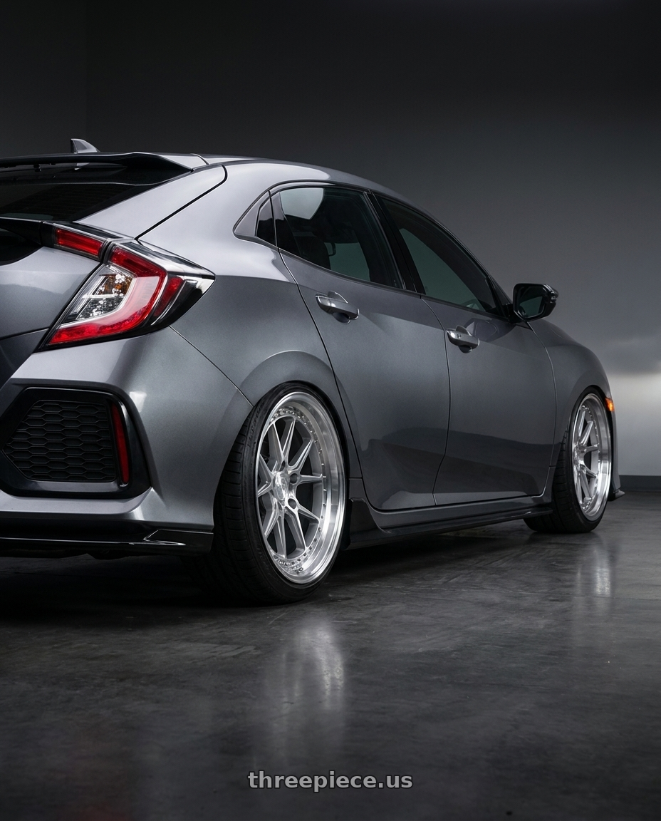 2017 Honda civic with Aodhan DS08 5x120 18x9.5+35 Silver w/Machined Face wheels rear three quarter view square tires