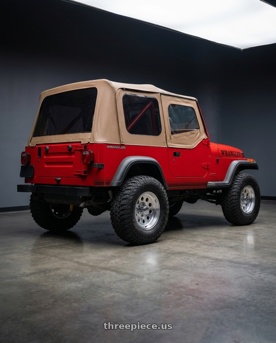 1989 Jeep Wrangler with Allied - Pacer 881MC 5x114.3 15x6 0 Machined wheels rear three quarter view meaty tires