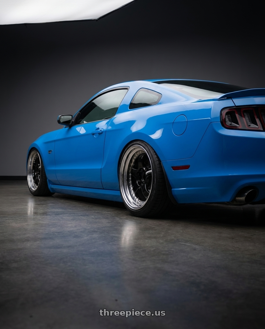 2013 Mustang s197 with Work Meister S1 3P 5x100 18x7+48 A Disk Black wheels rear three quarter view slight stretch tires