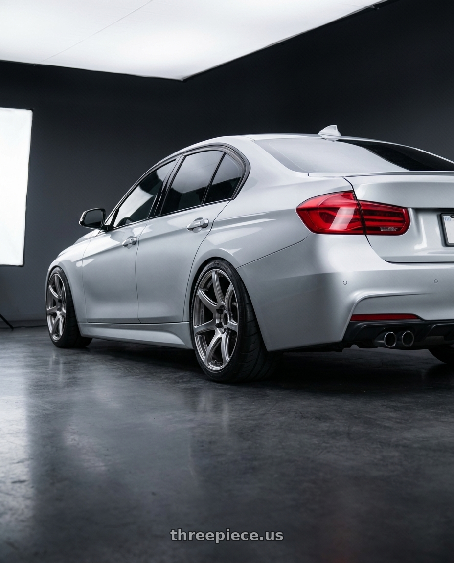 2017 BMW 340i with Work Emotion T7r 5x120 18x8.5 +45 Gt Silver wheels rear three quarter view meaty tires