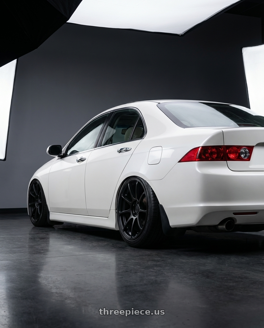 2005 Acura tsx with KATANA RACING KR07 5x114.3 17x7.5 +40 Matte Black wheels rear three quarter view slight stretch tires