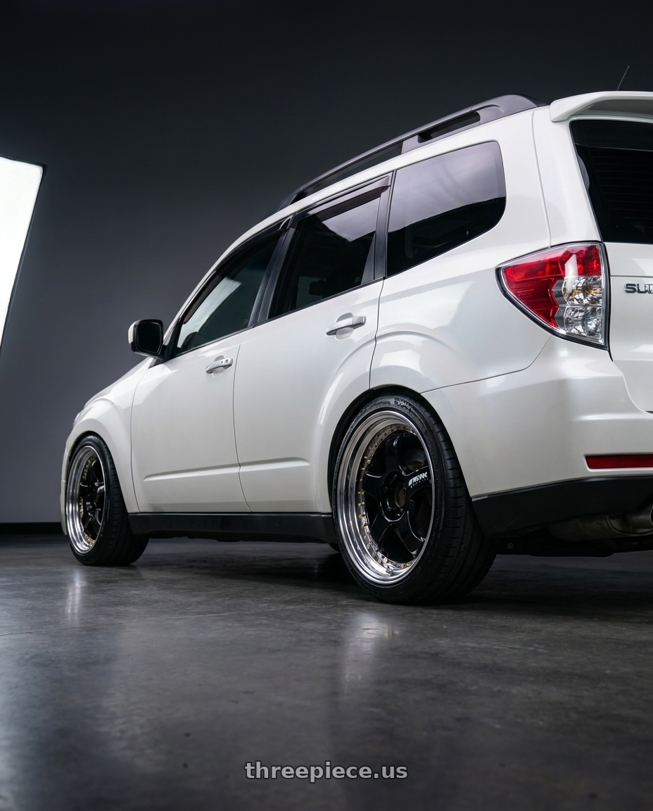 2010 Subaru Forester XT with Work Meister S1 3P 5x100 18x7.5+37 R Disk Black wheels rear three quarter view square tires