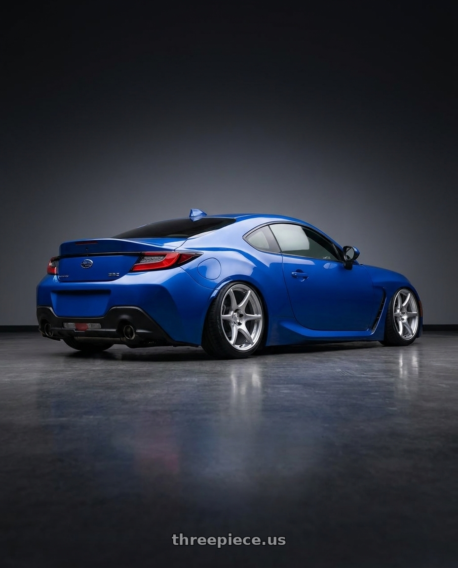2024 Subaru BRZ with Kansei K11S Tandem 5x114.3 18x10.5 12 Hyper Silver wheels rear three quarter view slight stretch tires