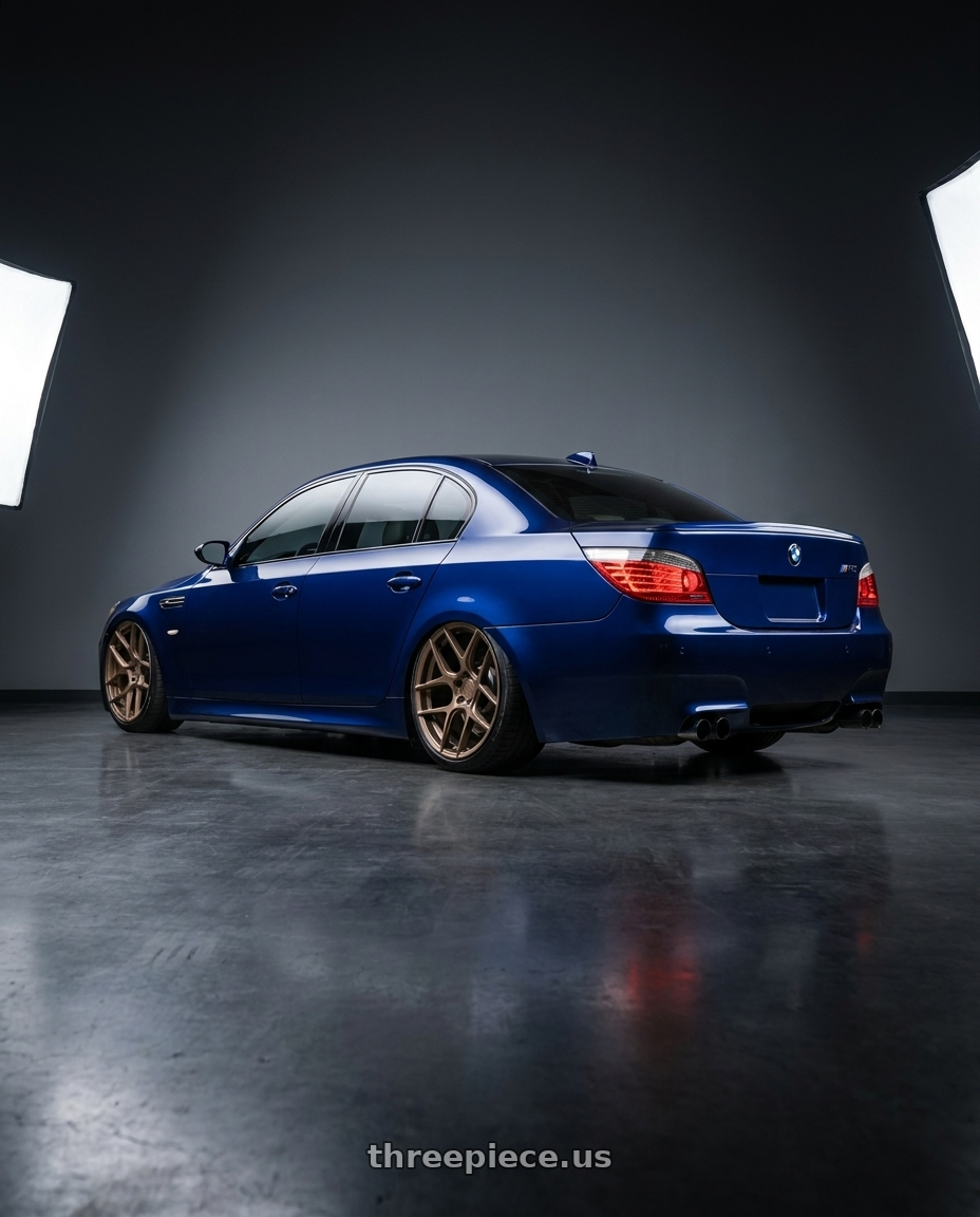 2010 BMW M5 E60 with Aodhan AFF2 5x120 20x9+30 Matte Bronze wheels rear three quarter view slight stretch tires