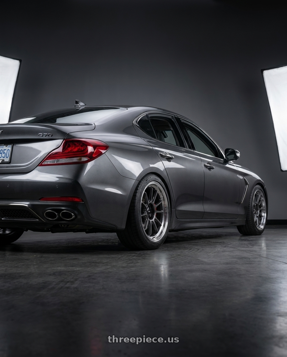 2019 Genesis G70 with Konig 47MC Hypergram 5x108 18x8.5 +43 Metallic Carbon Machined Lip wheels rear three quarter view slight stretch tires
