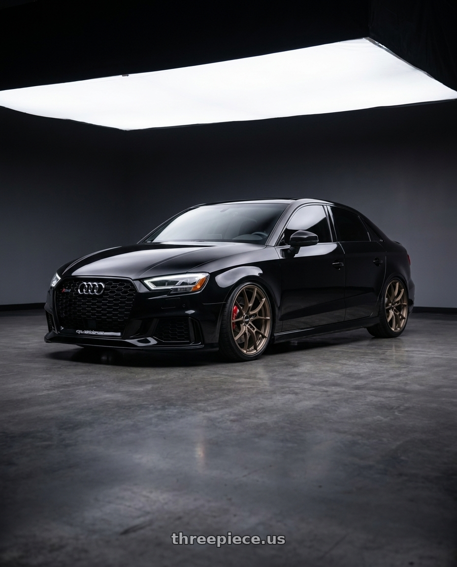 2017 Audi RS3 with Volk Racing G025 5x112 19x9.5+44 Matte Gunbronze wheels front three quarter view slammed stance