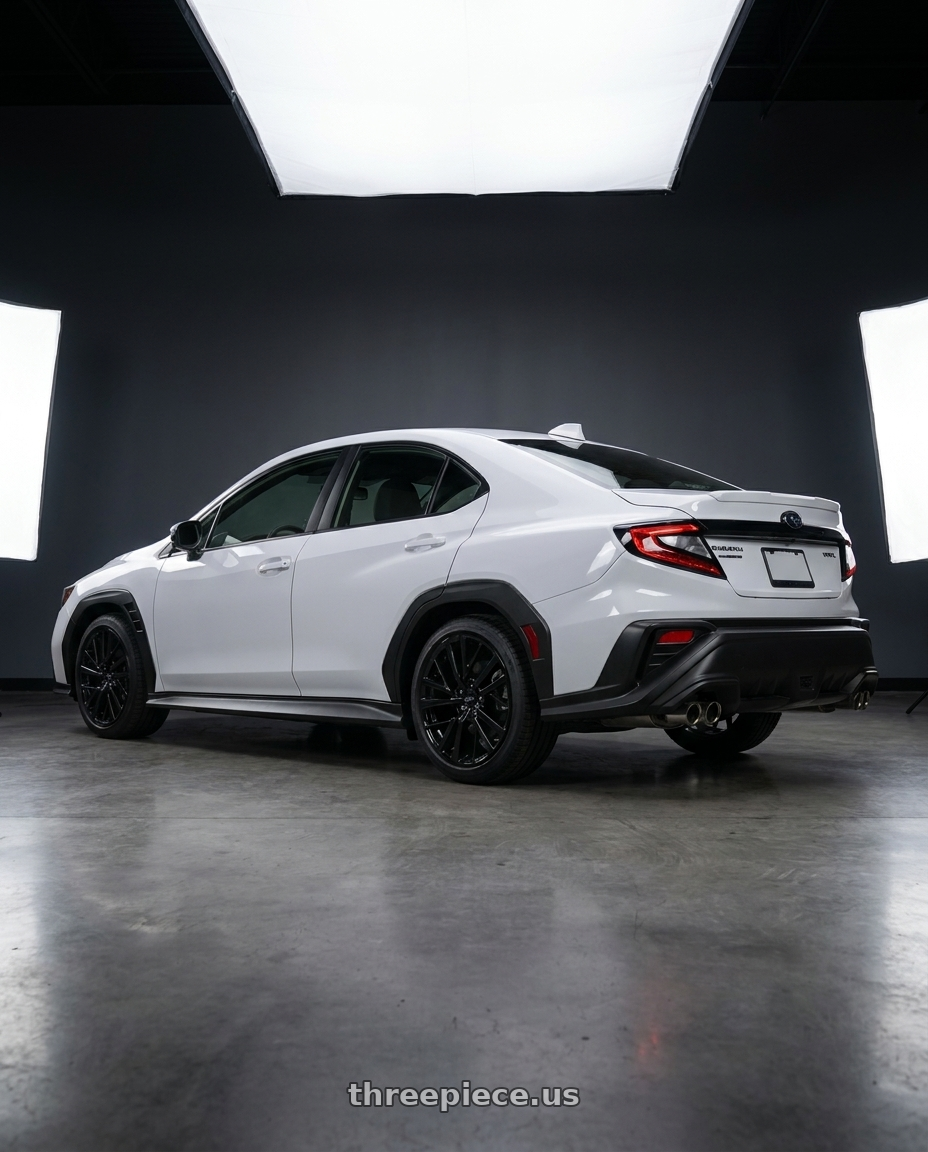 2026 subaru wrx with RTX Knight 5x114.3 17x7.5 +40 Gloss Black wheels rear three quarter view square tires