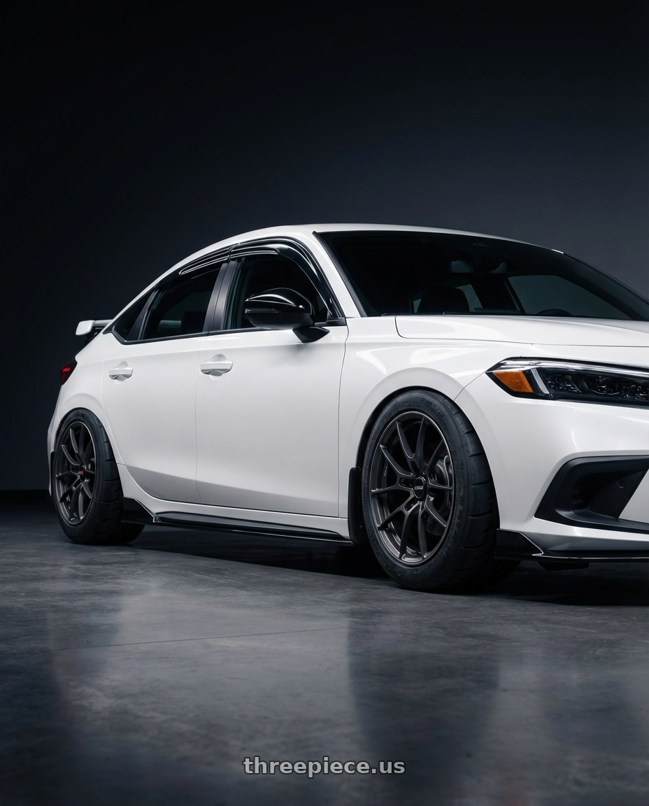 2024 Honda Civic Hatchback Sports Touring with Volk Racing G025 5x100 18x7.5+48 Matte Gunblack / Rim Edge DC wheels front three quarter view stanced stance