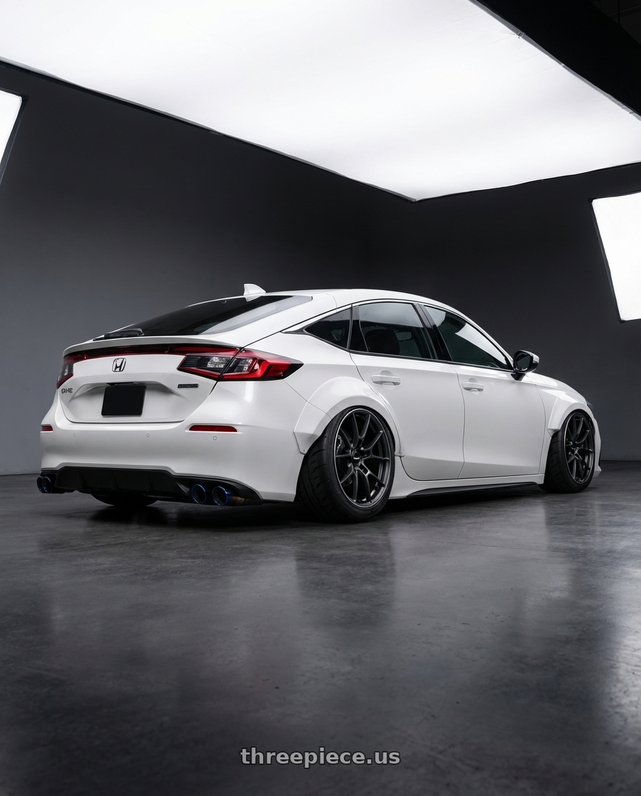 2024 Honda Civic Hatchback Sports Touring with Volk Racing G025 5x100 18x7.5+48 Matte Gunblack / Rim Edge DC wheels rear three quarter view meaty tires