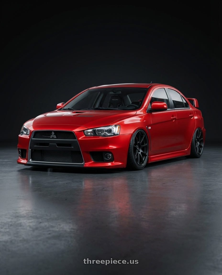 2012 Mitsubishi Lancer Evo X with Ssr Gtv02 5x114.3 18x8.5+40  FLAT BLACK wheels front three quarter view stanced stance