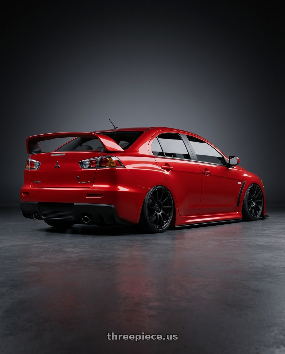 2012 Mitsubishi Lancer Evo X with Ssr Gtv02 5x114.3 18x8.5+40  FLAT BLACK wheels rear three quarter view slight stretch tires
