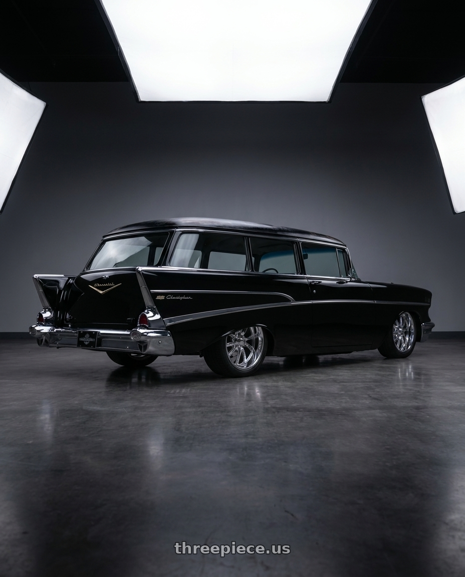 1957 chevrolet handyman with Ridler Type 650 5x120.65 18x8+0 Chrome wheels rear three quarter view square tires