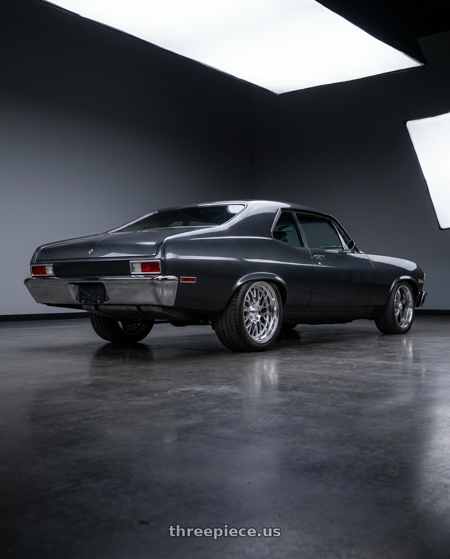 1970 Chevy Nova with Ridler Type 607 5x114.3 18x9.5+6 Polished wheels rear three quarter view slight stretch tires