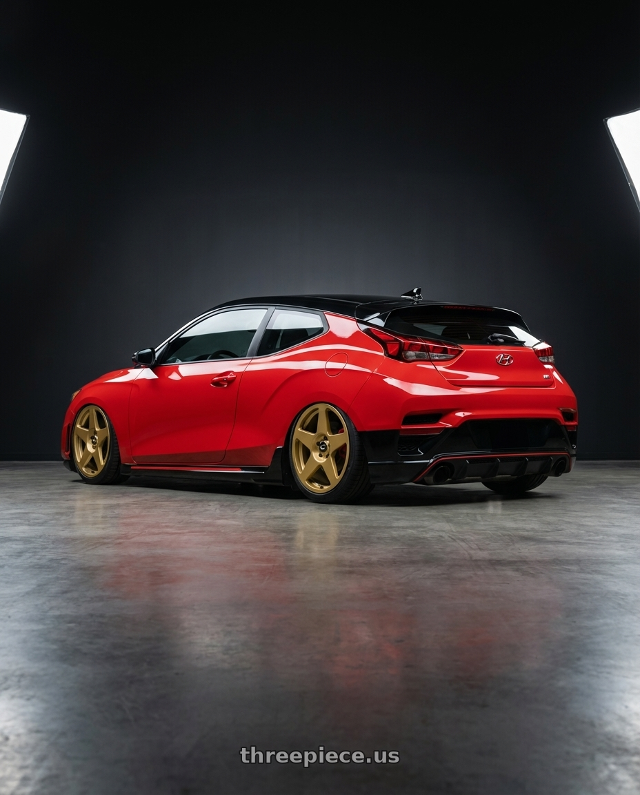 2022 Hyundai Veloster N with fifteen52 TARMAC EVO 5x114.3 / 5x120 19x8.5 +35 GOLD (GLOSS GOLD) wheels rear three quarter view slight stretch tires