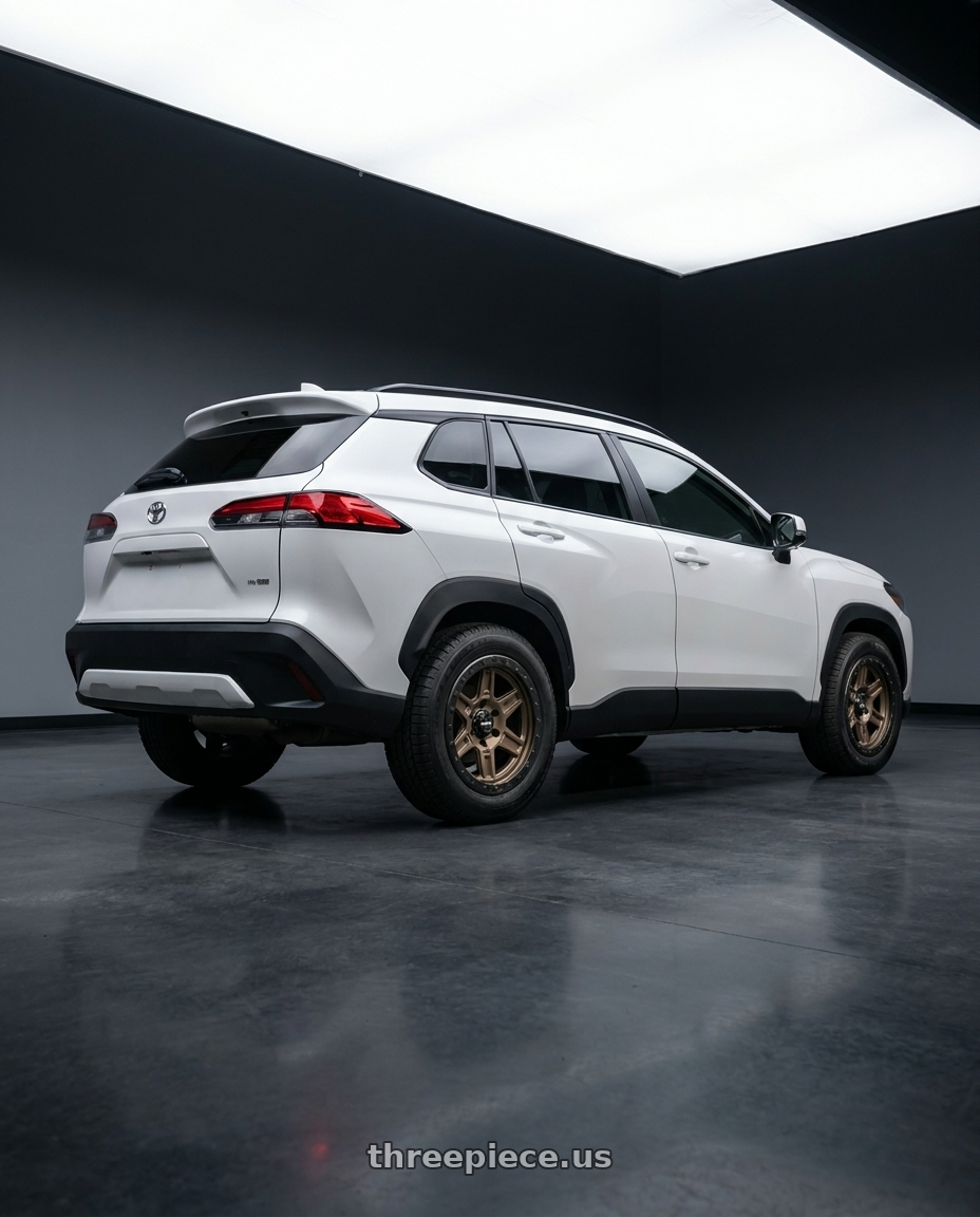 Corolla Cross 2022 with MVX OFFROAD VX61 5X127 17x9 +0 Matte Bronze wheels rear three quarter view square tires