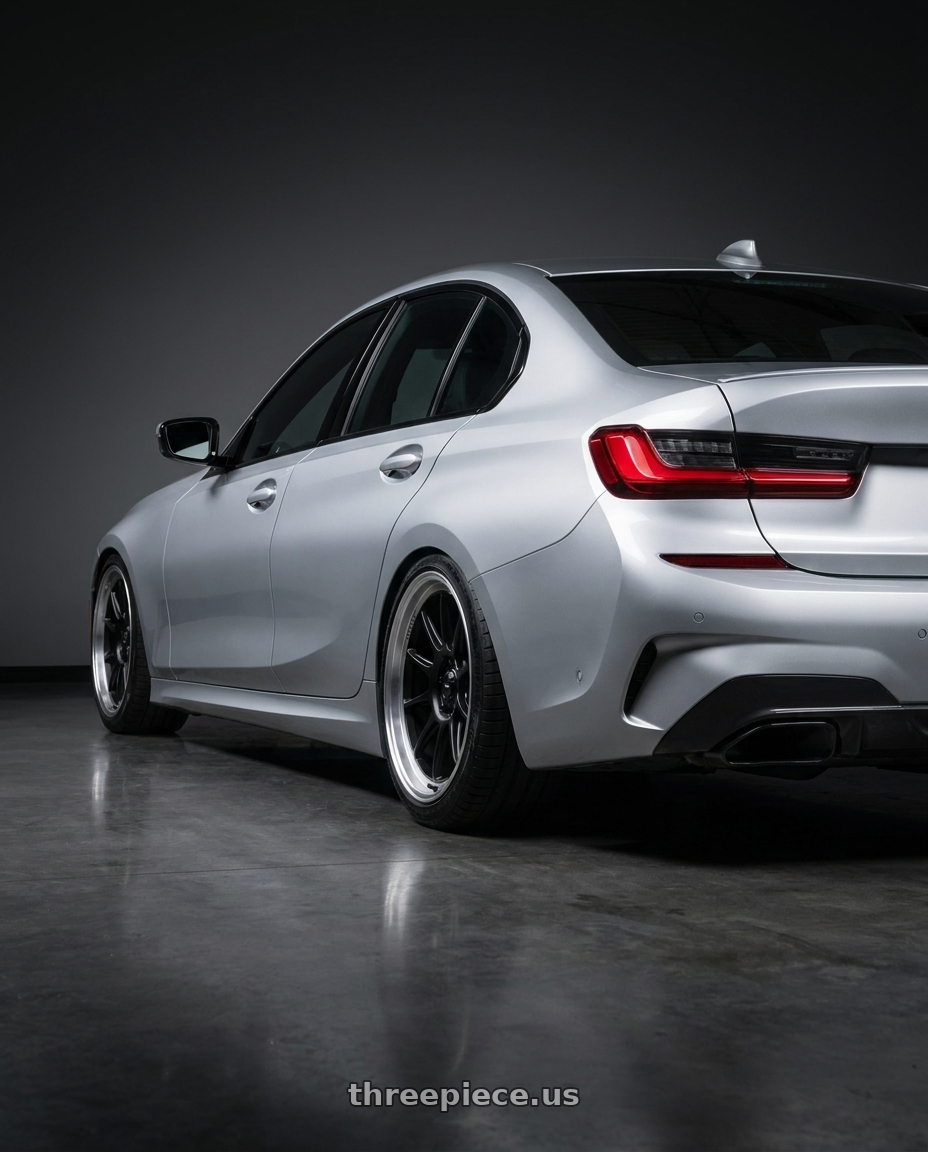 2023 BMW 3 Series G20 with Konig Countergram 5x112 19x9.5+30 Matte Black / Matte Machined Lip wheels rear three quarter view slight stretch tires