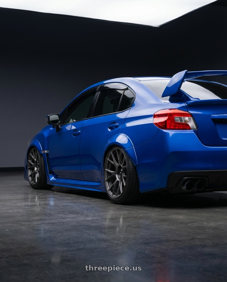 2013 Subaru WRX STI with Konig Ampliform 5x114.3 18x9.5+25 Dark Metallic Graphite wheels rear three quarter view slight stretch tires