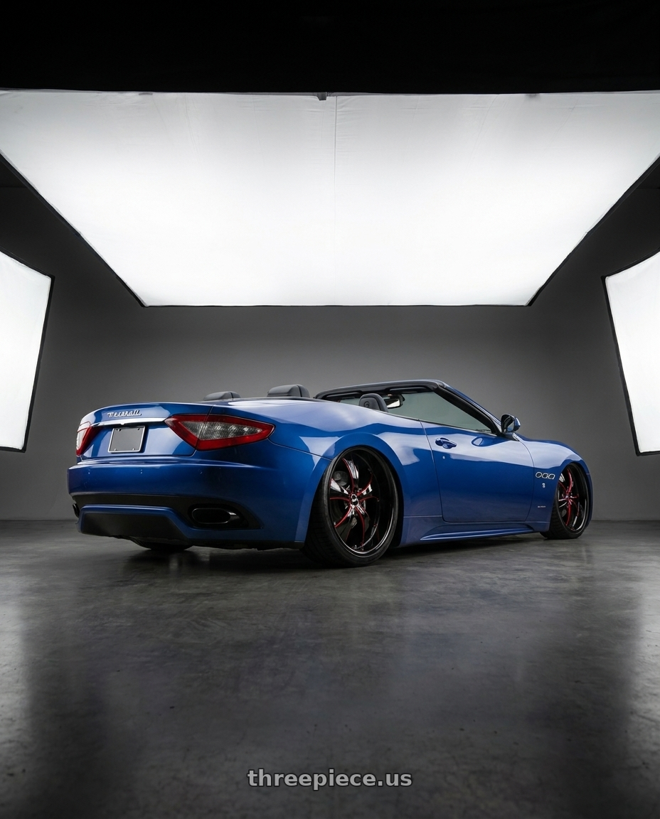 2018 Maserati grancabrio sport with Strada Street Classics Old Skool 6x139.7 24x10 +24 Gloss Black Candy Red Milled wheels rear three quarter view slight stretch tires